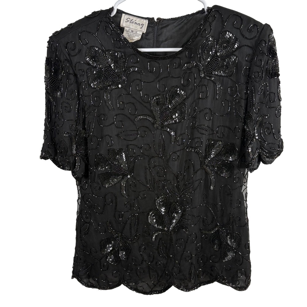 Vtg Black Silk Beaded Blouse Top Women's M Black Evening Glam Retro 90s Gatsby